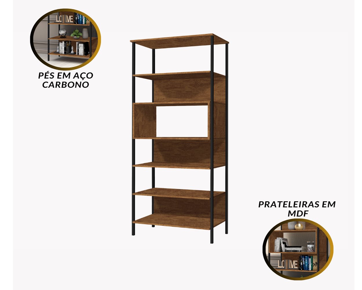 Estante Multiuso Livreiro Moderna Alta Fit Quarto e Sala Organizadora Premium Luxo Nichos Cor Nature - 6