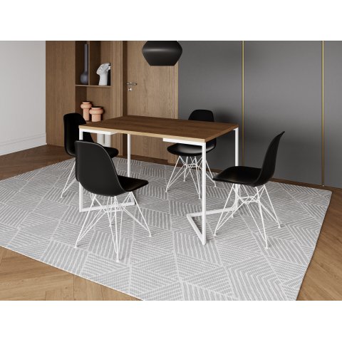 Mesa Industrial Base Ferro Branco em  V  Tampo 137x90 Amêndoa 4 Cadeiras Eames Assento Preto Ferro B