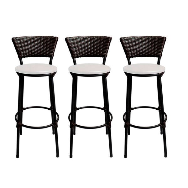 Kit 3 Banco Alto Bistro Cuba Aço Preto Junco Sintético Marrom Assento Branco - 1