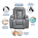Ver imagem 6 de Poltrona Papai Reclinável Massagem Aquecimento Corino Cinza Claro Premium Manual Fixa
