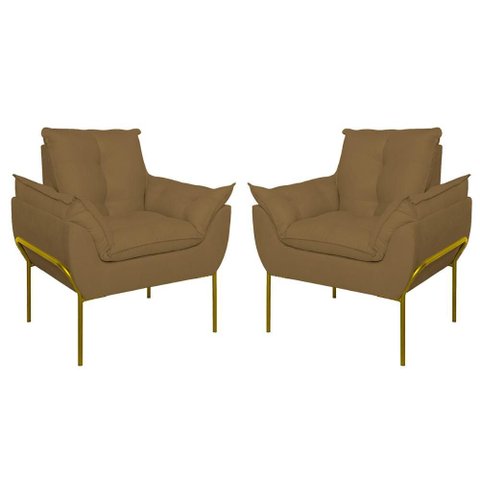 Kit 02 Poltronas Base Metal Dourada Sala Quarto Balaqui Decor Cor:capuccino