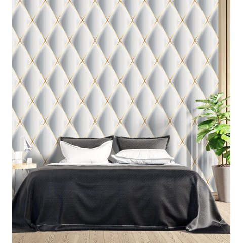 Papel De Parede Para Sala Quarto Com Efeito 3D Branco Cinza Com Detalhes Amarelo