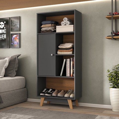 Estante para Quarto 1 Porta Maven Espresso Móveis Cinza/Grafite/Nogal