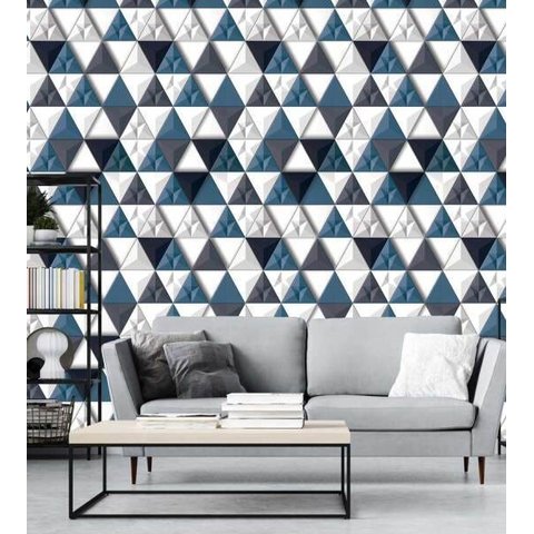 Papel De Parede Para Quarto Sala Com Efeito 3D Branco Preto Azul
