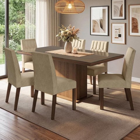 Conjunto Sala de Jantar Tampo de Vidro 6 Cadeiras Rustic/Imperial Dinan Madesa