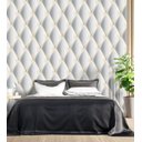 Ver imagem 2 de Papel De Parede Para Sala Quarto Com Efeito 3D Branco Cinza Com Detalhes Amarelo