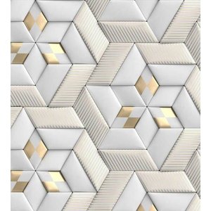 Papel De Parede Para Sala Quarto Com Efeito 3D Bege Cinza Com Detalhes Bege