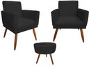 Ver imagem 1 de Kit 2 Poltronas Decorativa Nina Riscado + Puff Redondo Suede Preto Pés Madeira Ms Decor