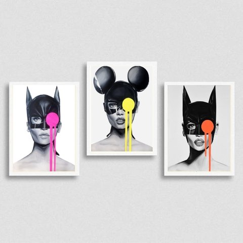 kit 3 Quadros Pop Art Mulher Gato 24x18cm:Madeira preta