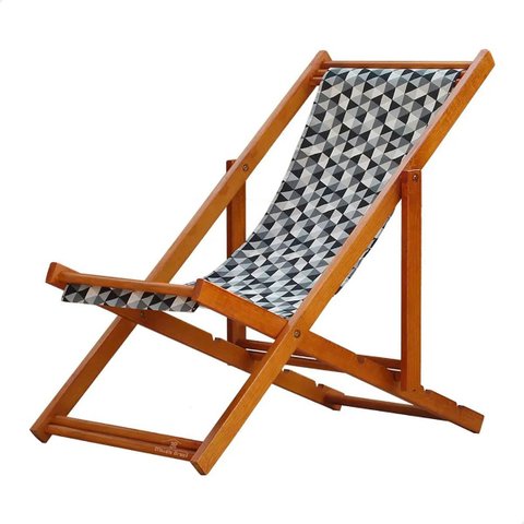 Espreguiçadeira Dobrável sem Braço Madeira Maciça Envernizada com Tecido Triângulo Preto