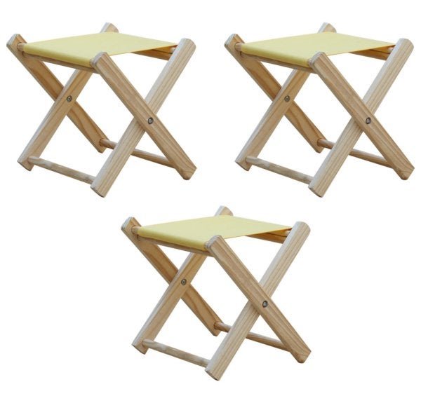 Conjunto 3 Banquetas Pescador Madeira Maciça Natural com Tecido Amarelo - 1