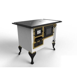 Fogão A Lenha Nº 2 Branco com Moldura Dourada e Portas Pretas Esquerdo Backes