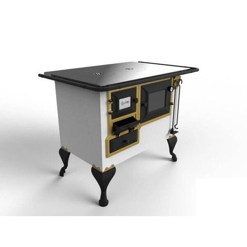 Fogão A Lenha Nº 2 Branco com Moldura Dourada e Portas Pretas Esquerdo Backes