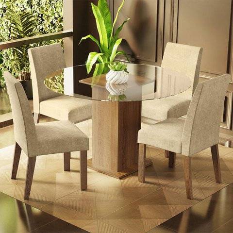 Conjunto Sala de Jantar Mesa Tampo de Vidro Redondo 4 Cadeiras Rustic/imperial Mile Madesa