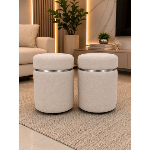 Kit Puff Superior com Cinta Prata Bege Linho - Let Móveis
