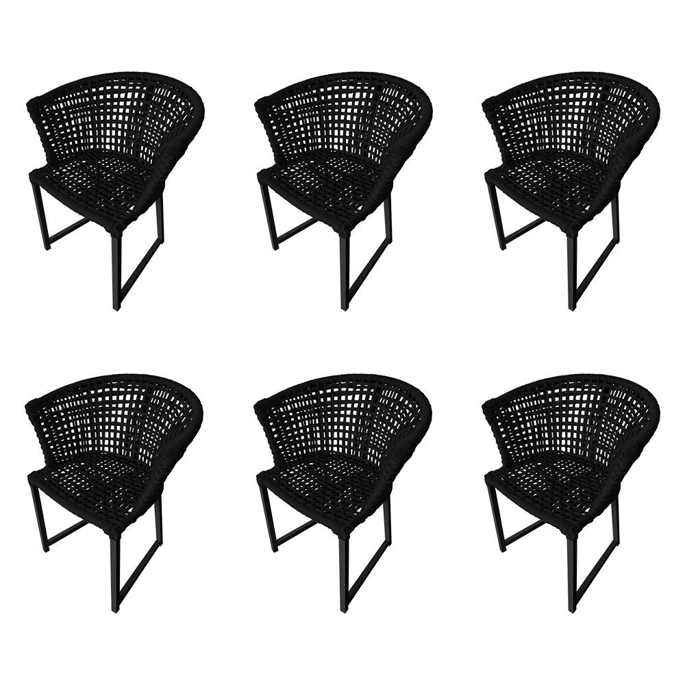 Kit 6 Cadeiras Salinas Corda Náutica Base em Alumínio Preto/preto