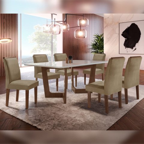 Conjunto Sala de Jantar Nápoles Tampo Vidro/MDF com 6 Cadeiras Luísa Smart Plus Cel Móveis