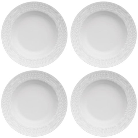 Jogo 4 Pratos Fundos 23,5cm Porcelana Germer Relevo Chevron Brancos Redondos