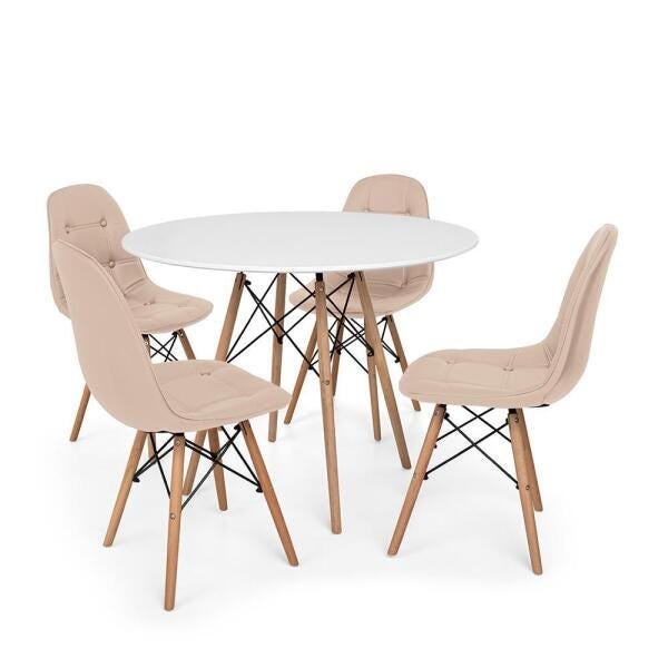 Conjunto Mesa Eiffel Branca 90cm + 4 Cadeiras Dkr Charles Eames Wood Estofada Botonê - Nude - 1