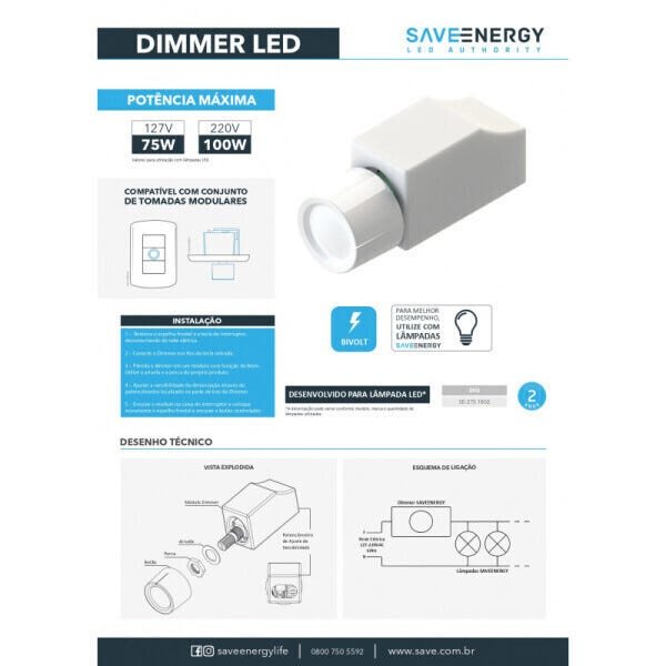 Dimmer Universal Rotativo 127V 75W 220V100W - Save Energy SE-275.1802 - 2
