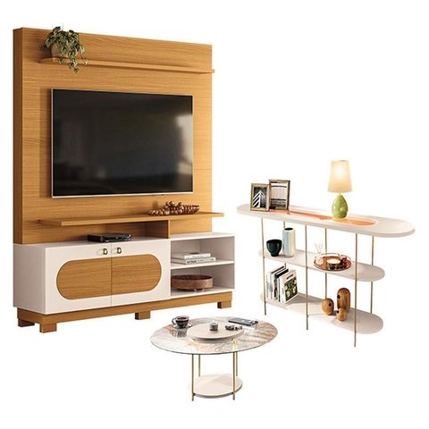 Estante Home Theater Axis Cinamomo Off White com Mesa de Centro Sky com Tampo de Vidro e Aparador