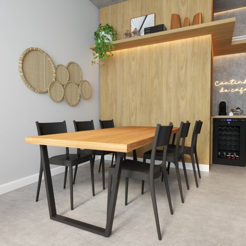 Conjunto Mesa Madeira Maciça Lanna 1,80m Ferragem Preta com 6 Cadeiras Tramontina Preta