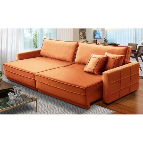 Sofá Cama Retrátil e Reclinável 2,50m com Molas Karen Veludo Terracota Adonai Estofados