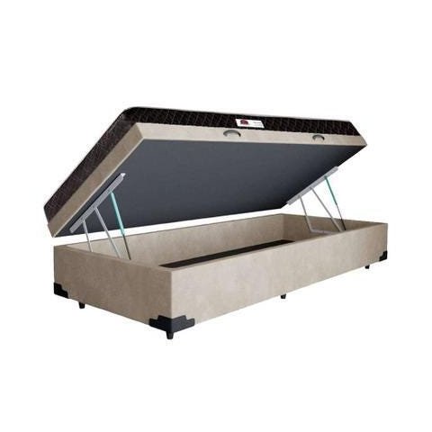 Cama Box Baú Solteiro Colchão Espuma D33 + Box Suede Bege Serra Negra 62x88x188