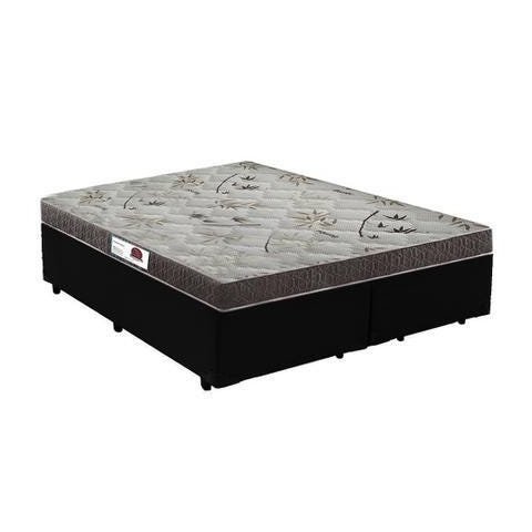 Cama Box Casal Colchão Espuma D33 Bordado + Box Bipartido Sintético Preto Serra Negra 58x138x188