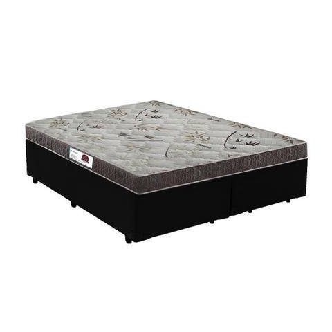 Cama Box Casal Colchão Espuma D33 Bordado + Box Bipartido Sintético Preto Serra Negra 52x138x188