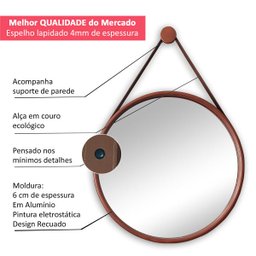 Espelho Redondo Adnet 50cm Cobre com Suporte e Alça em Couro Ecológico Escandinavo Decorativo - 2