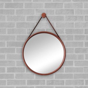Espelho Redondo Adnet 50cm Cobre com Suporte e Alça em Couro Ecológico Escandinavo Decorativo