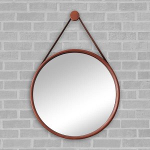 Espelho Redondo Adnet 60cm Cobre com Suporte e Alça em Couro Ecológico Escandinavo Decorativo