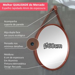 Espelho Redondo Adnet 60cm Cobre com Suporte e Alça em Couro Ecológico Escandinavo Decorativo - 2
