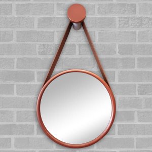 Espelho Redondo Adnet 37cm Cobre com Suporte e Alça em Couro Ecológico Escandinavo Decorativo