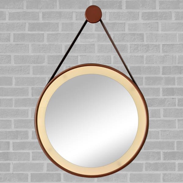 Espelho Redondo Adnet LED 37cm Cobre com Suporte e Alça em Couro Ecológico Escandinavo Decorativo