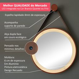 Espelho Redondo Adnet LED 37cm Cobre com Suporte e Alça em Couro Ecológico Escandinavo Decorativo - 2