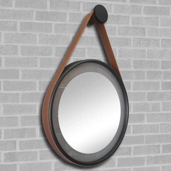 Espelho Redondo Adnet LED 37cm Cobre com Suporte e Alça em Couro Ecológico Escandinavo Decorativo - 3