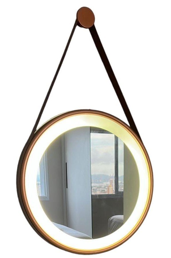 Espelho Redondo Adnet Led 50cm Cobre com Suporte e Alça em Couro Ecológico Escandinavo Decorativo