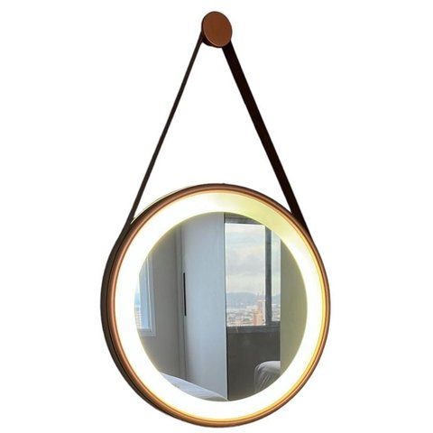 Espelho Redondo Adnet Led 50cm Cobre com Suporte e Alça em Couro Ecológico Escandinavo Decorativo