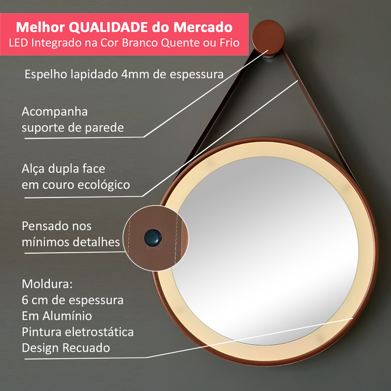 Espelho Redondo Adnet Led 50cm Cobre com Suporte e Alça em Couro Ecológico Escandinavo Decorativo - 4