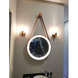 Espelho Redondo Adnet Led 50cm Cobre com Suporte e Alça em Couro Ecológico Escandinavo Decorativo - 3