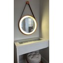 Ver imagem 2 de Espelho Redondo Adnet Led 50cm Cobre com Suporte e Alça em Couro Ecológico Escandinavo Decorativo