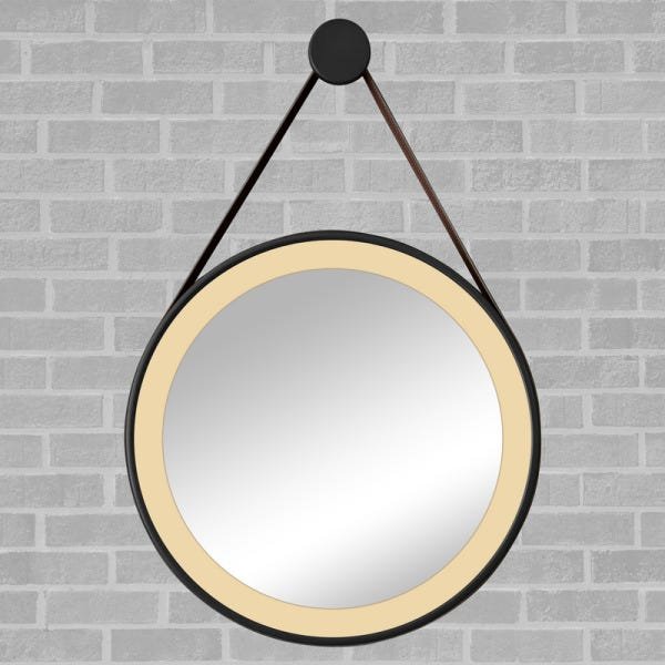 Espelho Redondo Adnet LED 37cm com Suporte Preto e Alça em Couro Ecológico Escandinavo Decorativo