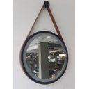 Ver imagem 2 de Espelho Redondo Adnet Led 60cm com Suporte Preto e Alça em Couro Ecológico Escandinavo Decorativo