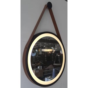 Espelho Redondo Adnet Led 60cm com Suporte Preto e Alça em Couro Ecológico Escandinavo Decorativo
