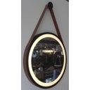 Ver imagem 1 de Espelho Redondo Adnet Led 60cm com Suporte Preto e Alça em Couro Ecológico Escandinavo Decorativo