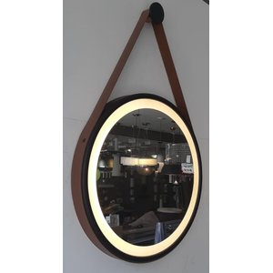 Espelho Redondo Adnet Led 50cm com Suporte Preto e Alça em Couro Ecológico Escandinavo Decorativo