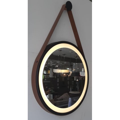Espelho Redondo Adnet Led 50cm com Suporte Preto e Alça em Couro Ecológico Escandinavo Decorativo