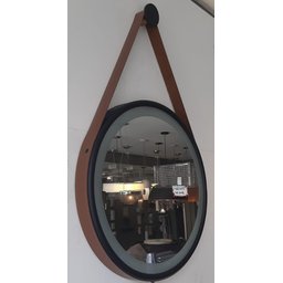Espelho Redondo Adnet Led 50cm com Suporte Preto e Alça em Couro Ecológico Escandinavo Decorativo - 2